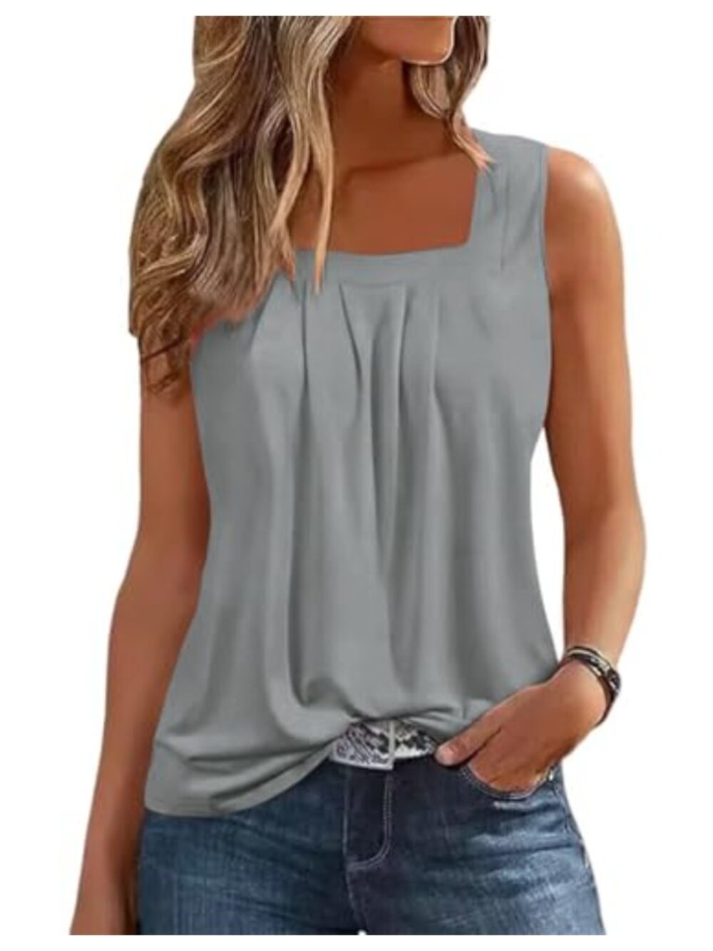 Womens Loose Fit Pleated Square Neck Sleeveless Tank Top Flowy Summer Shirt